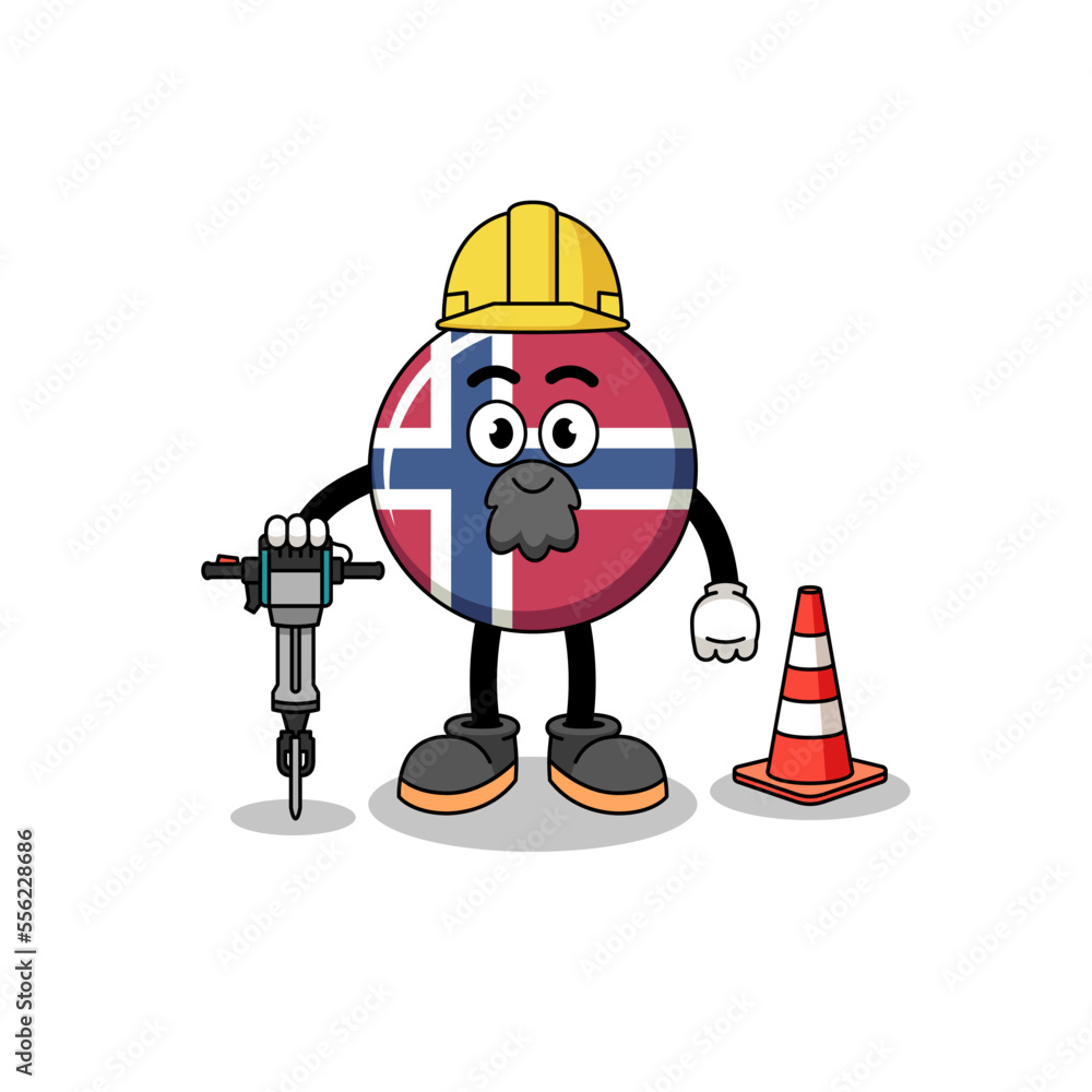 Character cartoon of norway flag working on road construction Character cartoon of norway flag working on road construction