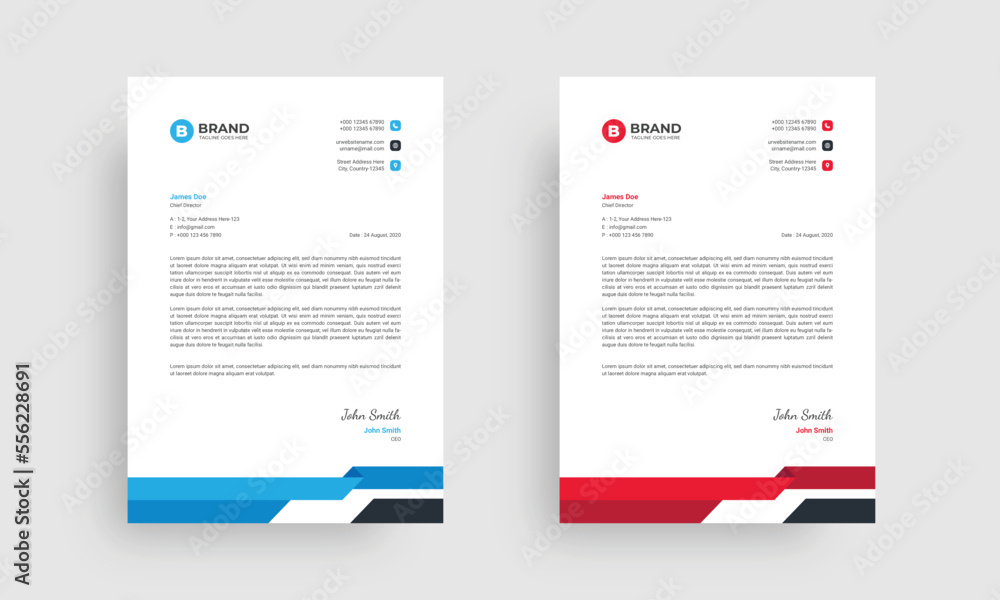 A4 business letterhead design layout. Corporate abstract letterhead design template with blue, cyan, and red shape.