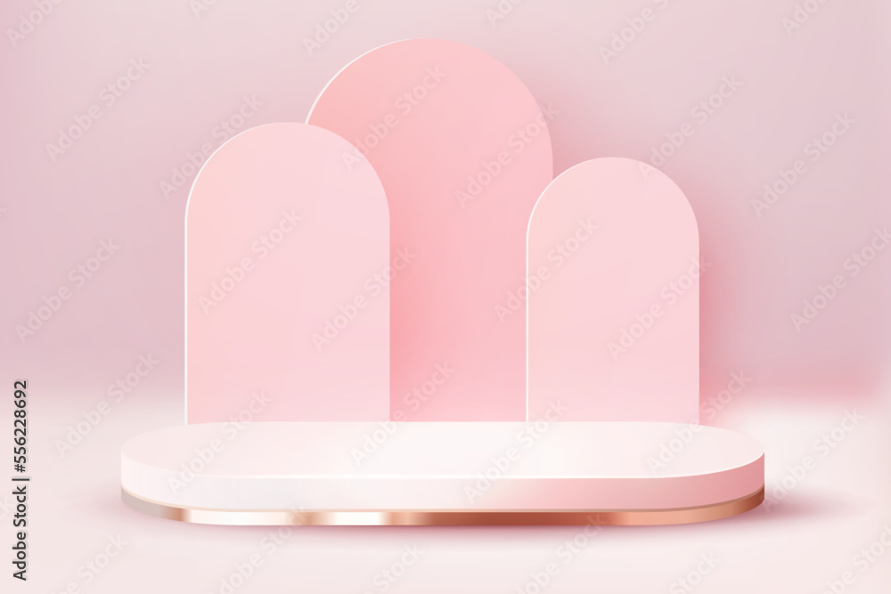 Luxury Pink Pastel Podium. Abstract scene background. Product presentation, mock up, show cosmetic product, Blank Podium, stage pedestal or platform. 3D Vector.