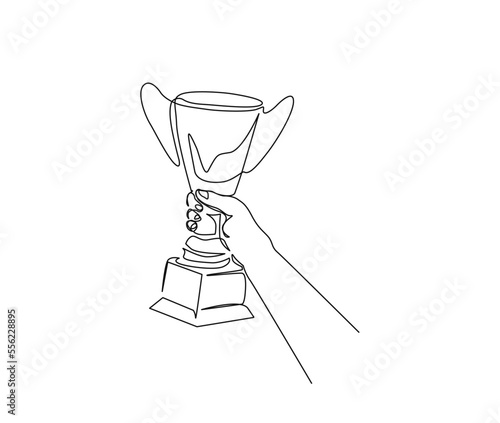 Continuous one line drawing of hand holding trophy cup award. Winner achievement trophy hand drawn vector illustration. © Line addict