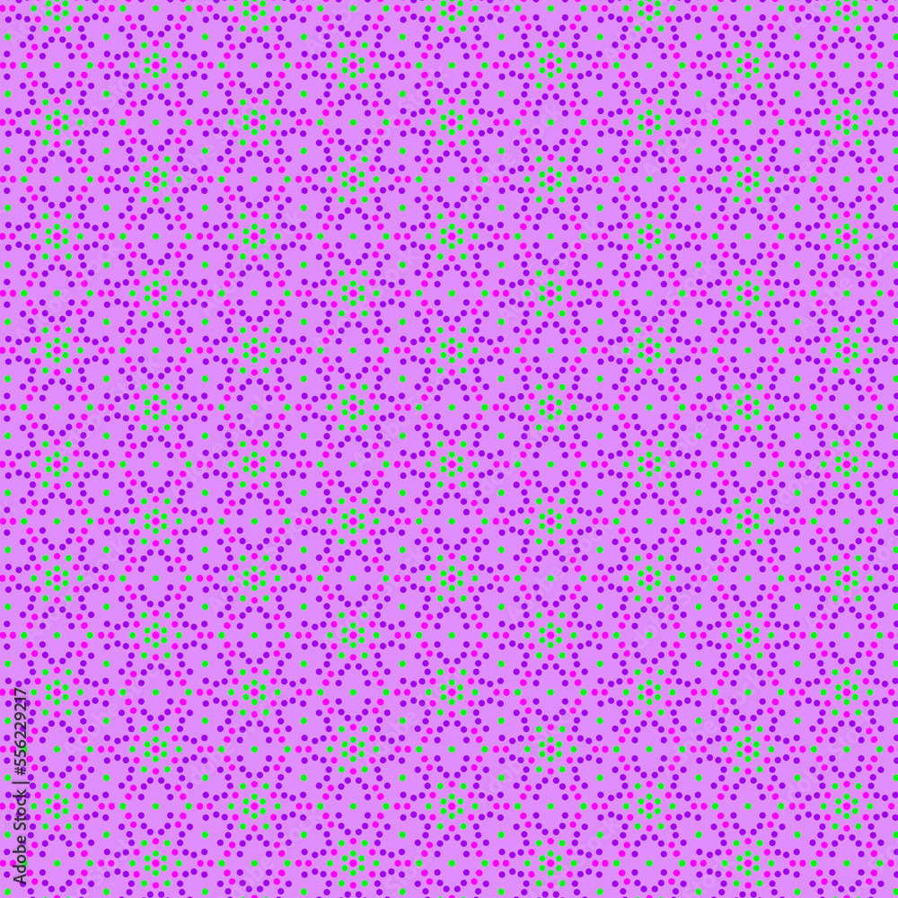 Abstract geometric vivid pink, green and purple polka dot ornamental pattern on a lilac background Abstract geometric vivid pink, green and purple polka dot ornamental pattern on a lilac background