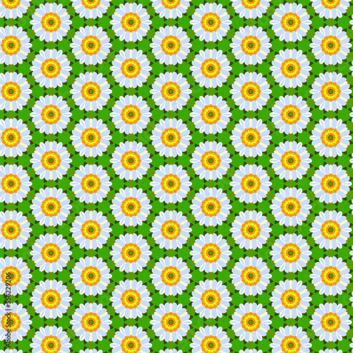 Cute summer floral fabric print with large scale daisies isolated on a green background
