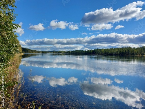 Fototapeta Naklejka Na Ścianę i Meble -  Riverside of Skellefte river in northern Sweden in late Summer