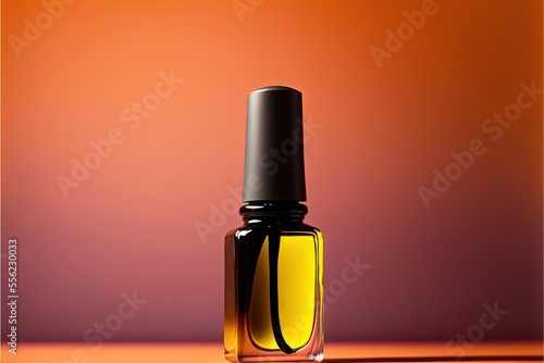  a bottle of yellow nail polish sitting on a table next to a red background with a black top and a black cap. Generative AI