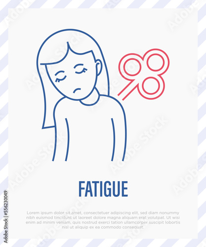 Fatigue, tiredness, apathy gradient flat icon. Tired girl with clockwork on the back. Post-covid syndrome. Vector illustration.