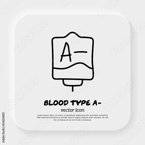 Blood bag with plasma. Doodle thin line icon. Blood donation. Blood type A-. Vector illustration.