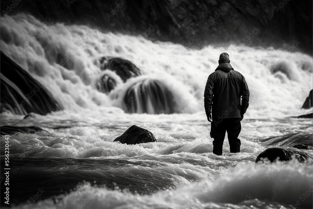 Fototapeta premium person standing in front of a waterfall, representing the passage of time and the constant forward movement of life. BLACK and WHITE, REALISTIC (AI Generated)