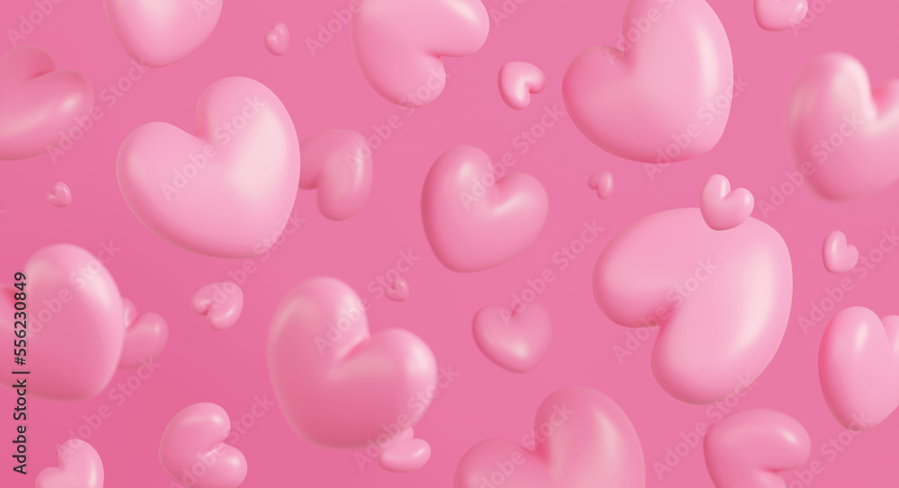 Valentine's day concept design of hearts on pink background with copy space 3d render