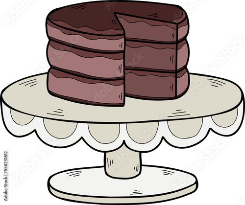 Hand Drawn Chocolate cake on the cake stand illustration
