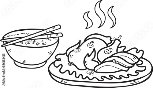 Hand Drawn Rice with Grilled Chicken Chinese and Japanese food illustration