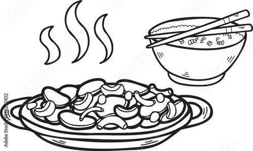 Hand Drawn Rice with Fried Vegetables Chinese and Japanese food illustration
