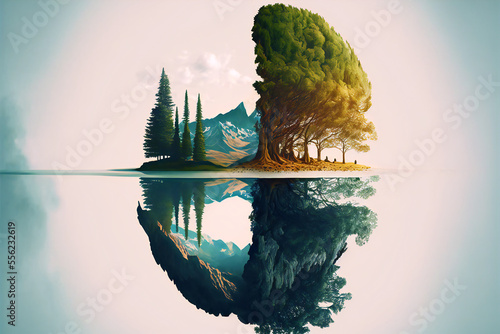 landscape, nature, trees, mountains, digital illustration