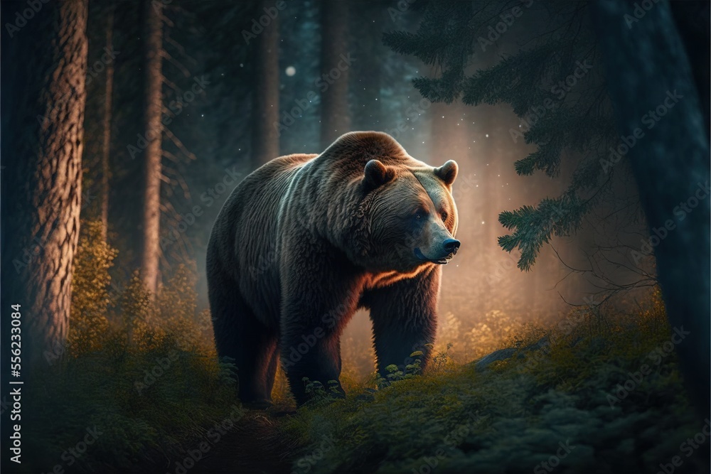 a bear is walking through a forest at night with the light on it's head ...