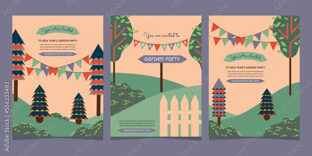 Set of the party invitation card. Garden parties, birthday, Christmas, and new year parties. Vector illustration for invitations, posters, postcards, and greeting cards.