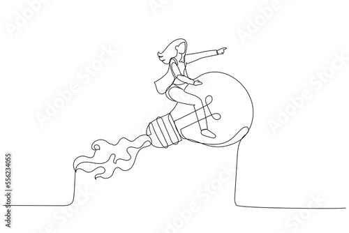 Cartoon of businesswoman leader riding flying bright lightbulb lamp with rocket booster in the cloud sky. Creative new idea. Single line art style