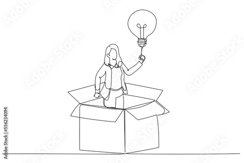 Drawing of businesswoman get out of paper box with new illumination lightbulb idea. Think outside the box. Single line art style