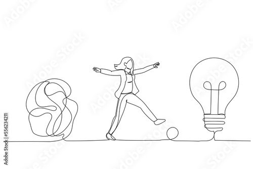 Drawing of smart businesswoman walking away from mess chaos line to simple lightbulb idea. Simplify idea. Single continuous line art