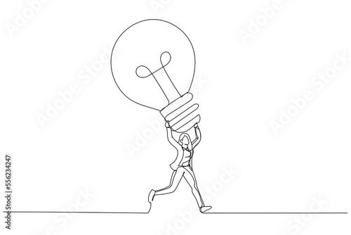 Drawing of excited businesswoman carrying big lightbulb idea running to invent new product. Big idea. Single line art style