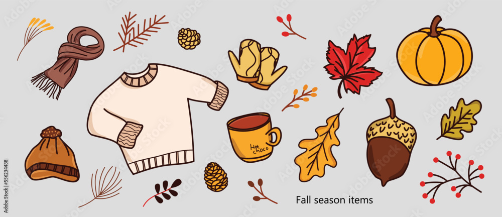 vector illustration autumn seasons symbolize. pumpkin, pine cone, leaf, maple leaf, acorn, scarves, beanie hat, hot drink, warm gloves and clothes.