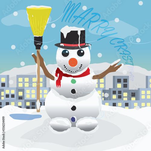 A snowman with a broom in his hands against the backdrop of a big city and hills with an inscription happy christmas