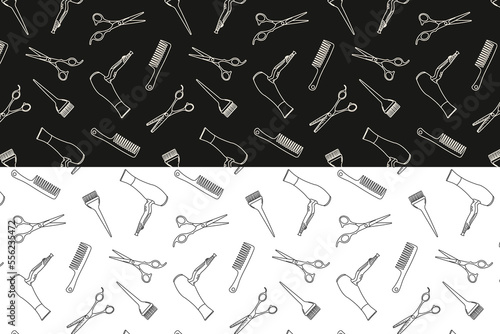 doodle pattern with hairdressing tools, beauty salon background, barbershop advertising banner on black and white background with line drawings