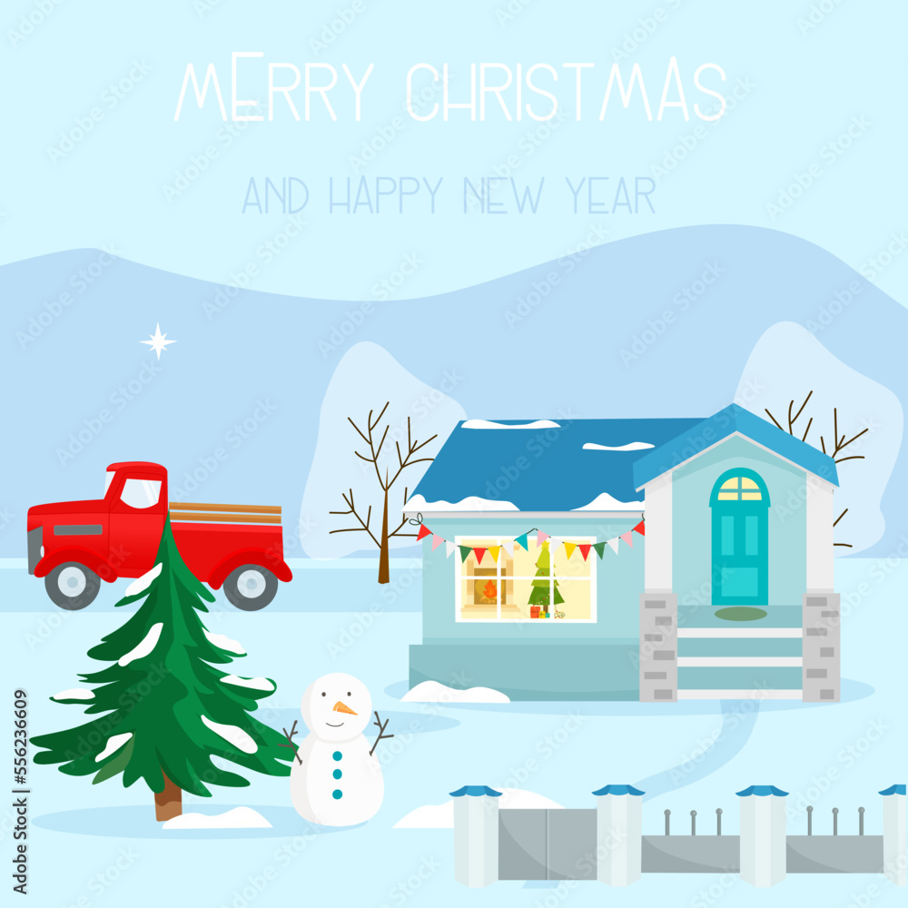 Christmas card with house, red car, fir tree and snowman. Holidays background. Cartoon winter landscape 