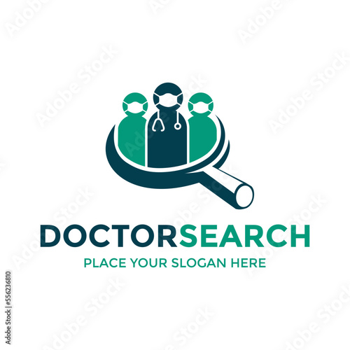 Doctor search vector logo template. This design use human and magnifying glass symbol. Suitable for medical.