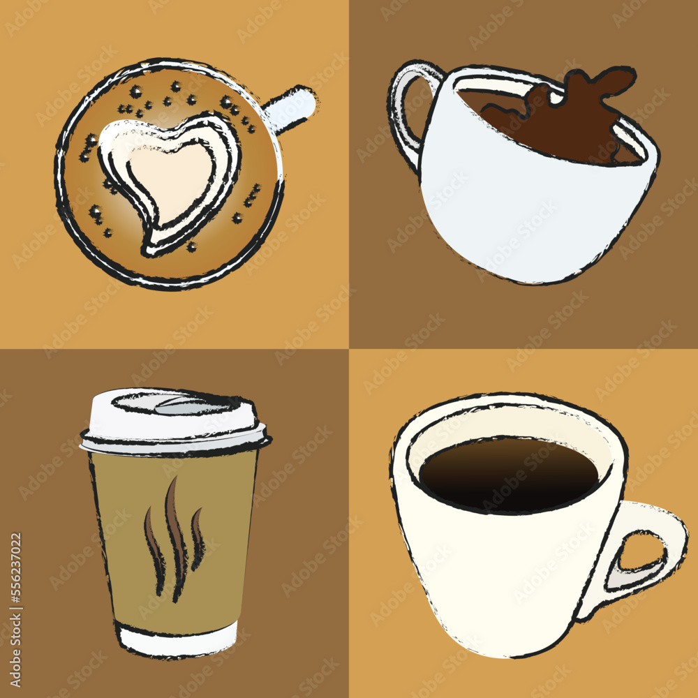 Coffee elements block pattern seamless vector on brown background