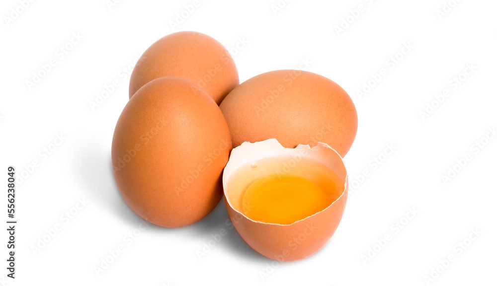 fresh organic chicken eggs and half-broken eggs with yolk isolated on white background fresh organic chicken eggs and half-broken eggs with yolk isolated on white background