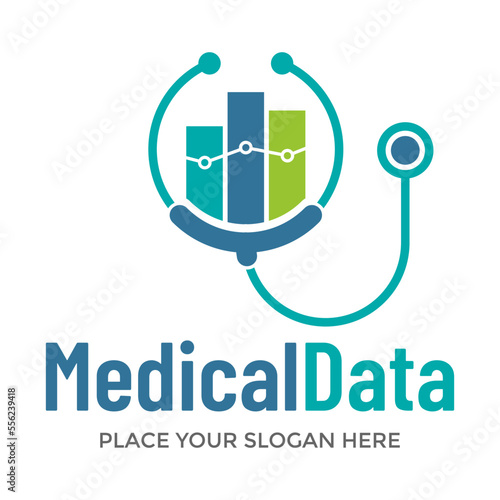 Medical data vector logo template. This design use stethoscope and graph bar symbol. Suitable for health or management.