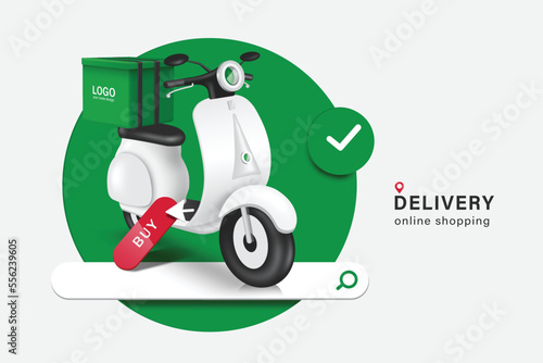 Green food bag or box is placed on a white motorcycle or scooter and all on green circle