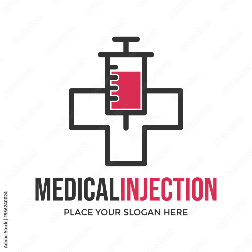 Medical injection vector logo template. This design use cross or plus symbol. Suitable for health. Medical injection vector logo template. This design use cross or plus symbol. Suitable for health.