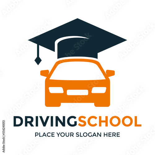 Driving school vector logo template. This design use student hat symbol. Suitable for transportation.