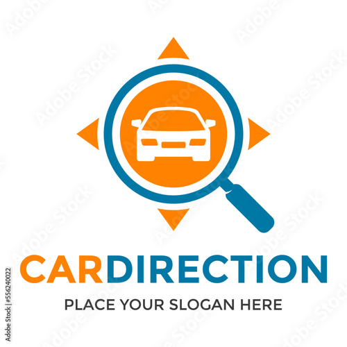 Car direction vector logo template. This design use magnifying glass symbol. Suitable for search and finder.