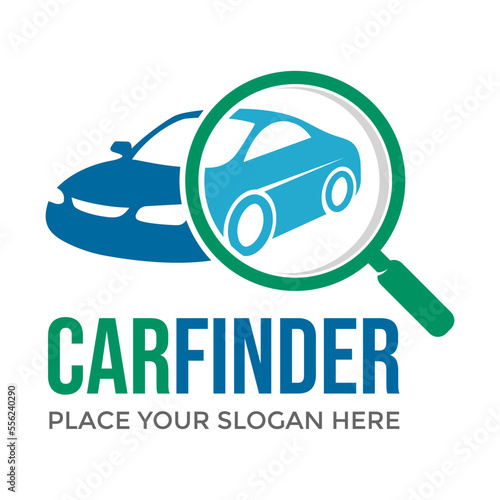 Car finder vector logo template. This design use magnifying symbol. Suitable for research, analyze and automotive.