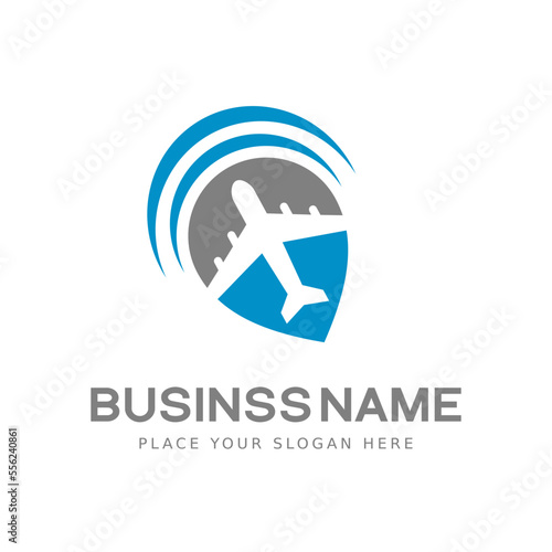 Flying plane logo template. Travel vector design. Airplane and vacation in the resort illustration. This logo is suitable for journey, paradise, transportation.