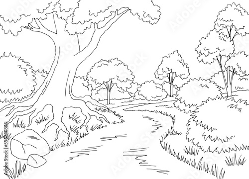 Forest road graphic black white landscape sketch illustration vector 