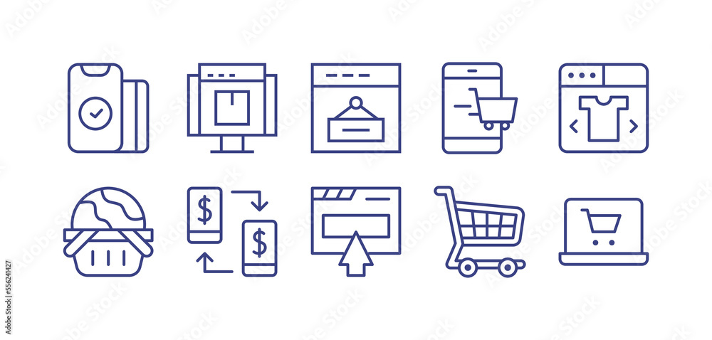 E-commerce line icon set. Editable stroke. Vector illustration. Containing online payment, webpage, sale, online shopping, clothes, cyber monday, smartphone, online shop, shopping cart.