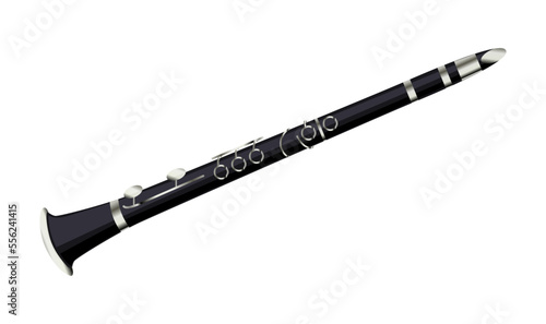 Black clarinet musical instrument isolated on white background. Modern flute for professional musician in Jazz, blues, classical orchestra, concert sound. Flat style design icon. Vector illustration