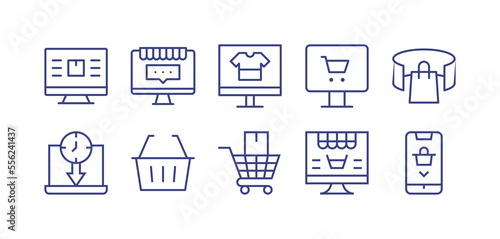 E-commerce line icon set. Editable stroke. Vector illustration. Containing delivery, ecommerce, online shopping, virtual reality, limited time, shopping basket.