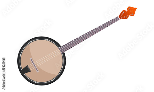 Banjo guitar Isolated on white background. Four stringed plucked musical instrument for country music. Blues, country, folk or jazz equipment. American retro musical instrument. Vector illustration