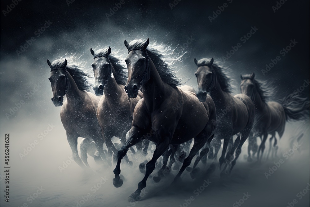 a group of horses running in the snow together in a line with their ...