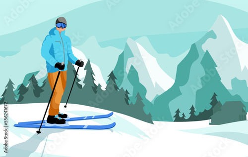 Man skier standing on mountain hill in ski resort. Winter sports activities on skis in snowy Alps. Freeride skiing in country cross landscape with forest and rocks on background. Vector illustration