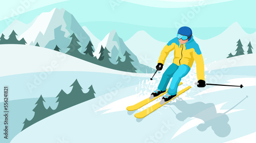 Skier sliding in mountains slope. Winter sports activities on skis in snowy Alps hills. Extreme skiing in country cross. Ski resort landscape with forest and rocks on background. Vector illustration