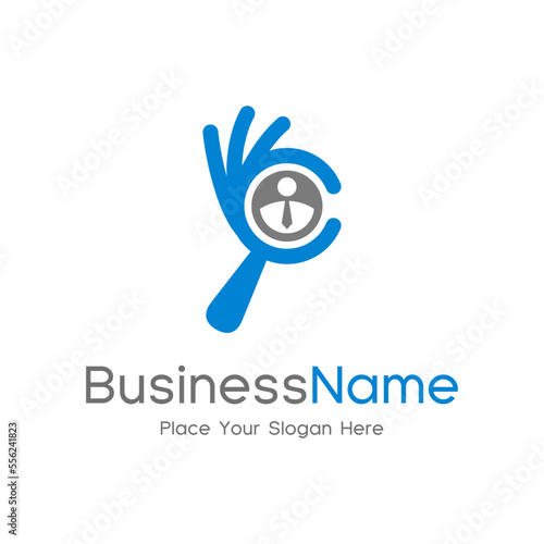 Good Job seeker vector logo template. Search people with magnifying glass and okay hand symbol. This logo is suitable for company, worker, director, business
