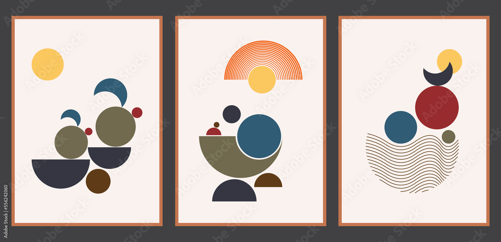 Set of abstract geometric shapes. Design for wallpaper, background, wall decor, cover, print, card, branding concept. Modern boho minimalist art. Vector illustration