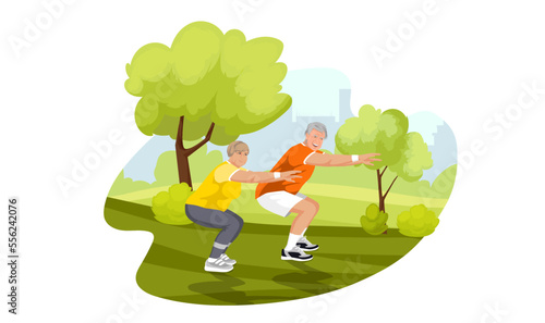 Couple of old senior and woman in city green park. Outdoor activity or healthy lifestyle. Elderly people sportswear suit doing squats stretching, morning exercise. Cartoon isolated vector illustration