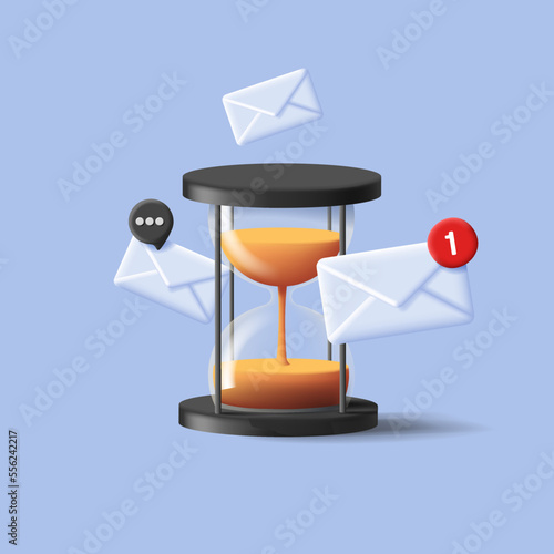 Glass sand clock 3d icon with white envelops around it, render composition digital illustration