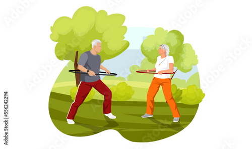 Old senior and woman couple in the morning city green park. Outdoor activity or healthy lifestyle. Elderly people in sportswear suit doing exercise with hula hoop. Cartoon isolated vector illustration