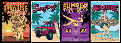 Set of vintage colour surfing posters with pin up girls, SUV car on beach